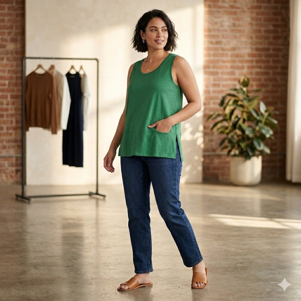 Universal Standard Green Tank Top Scoop Neck Pocket Side Slit Womens S Versatile